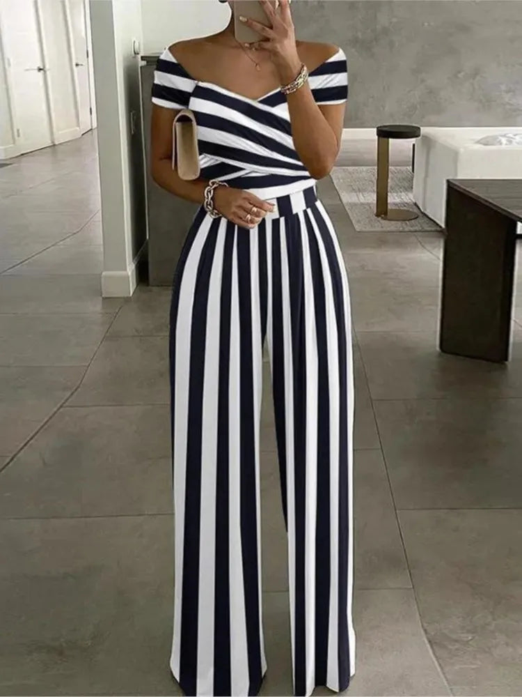 Fashion Print Jumpsuit Women's Short Off Shoulder V-Neck Wide Leg Pants Jumpsuits Female Office Womens Clothing Jumpsuit Summer
