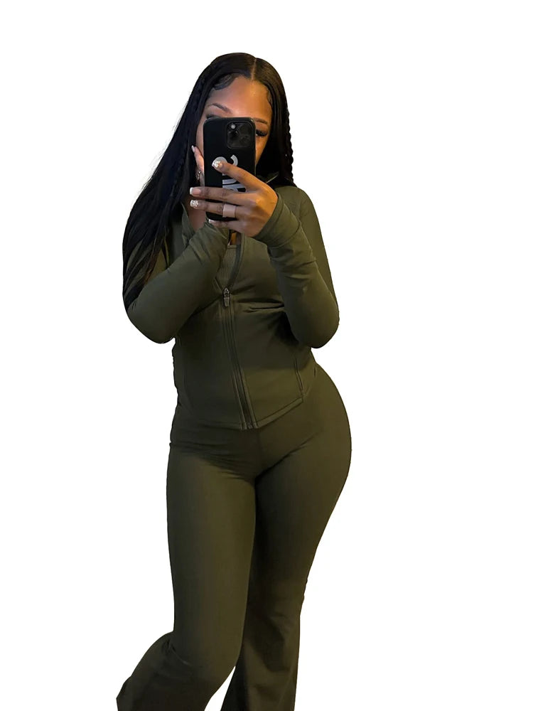 Fall Women Sport Loungewear Sexy Tight Long Sleeve Flared Pants Two Piece Set Active Gym 2 Piece Matching Sets Tracksuit Outfits