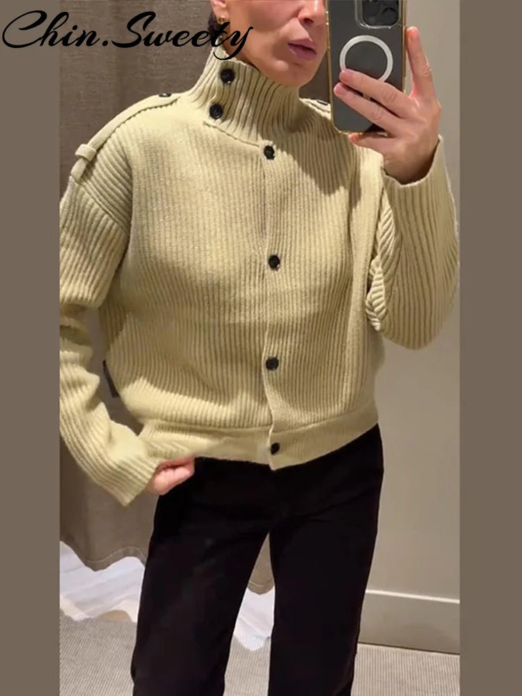 Elegant Solid Women Knitted Cardigan Pleated Stand Collar Single-Breasted Female Knitwear 2025 Autumn Winter Chic Lady Outerwear