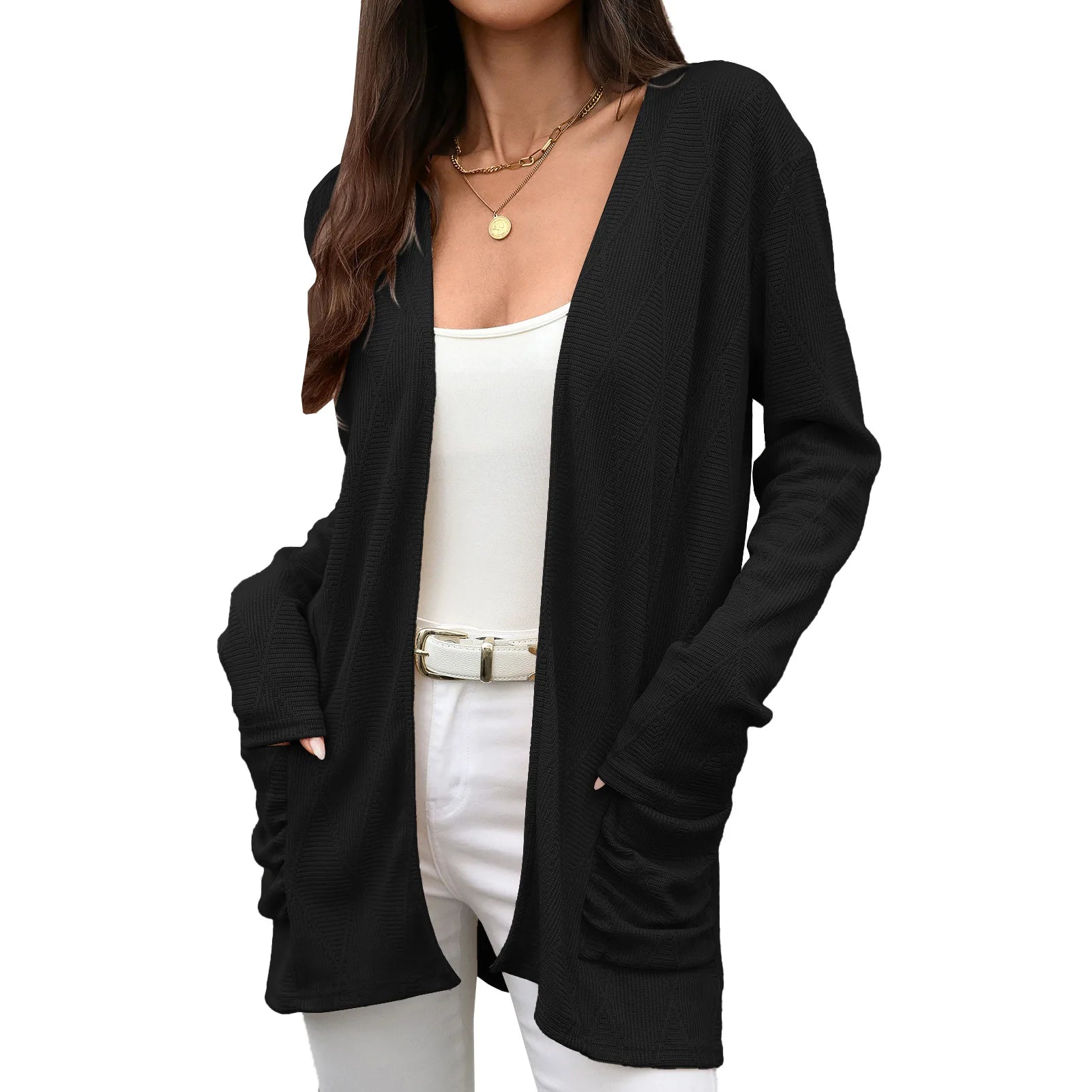 Trade Autumn Winter Knitted Open Cardigan Long Sleeve Mid-Length Ladies Coat With Pockets Pure Color