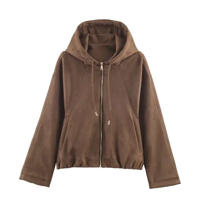 Women's Casual Pilot Hoodie Jacket Suede Surface Warm Zipper Coat Full Sleeves Loose Streetwear Fashion Top