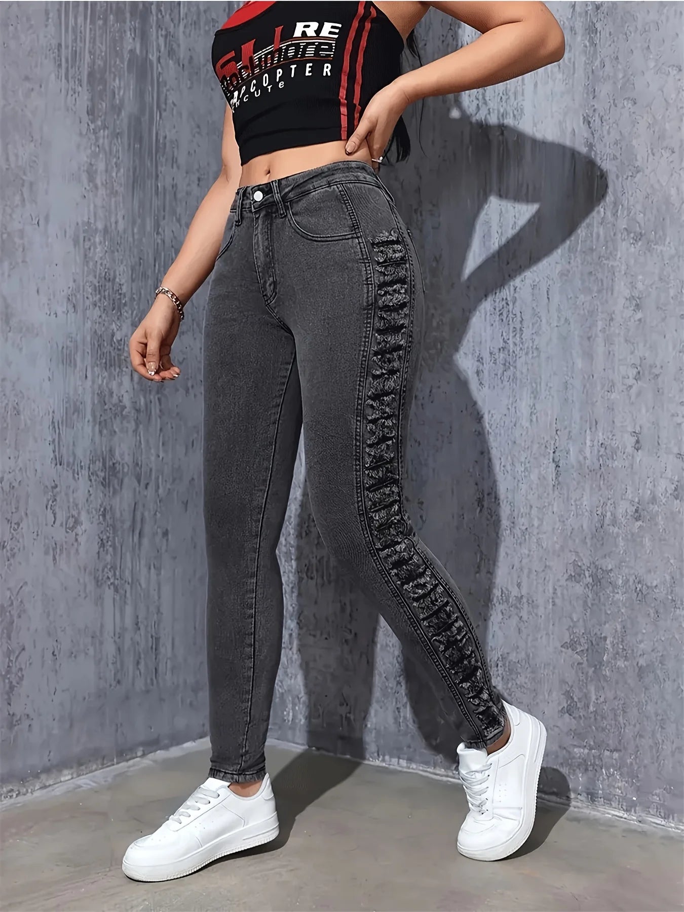 Women's fashionable classic black and gray side layered ripped elastic slim fit and hip-retracted casual nine-point foot jeans