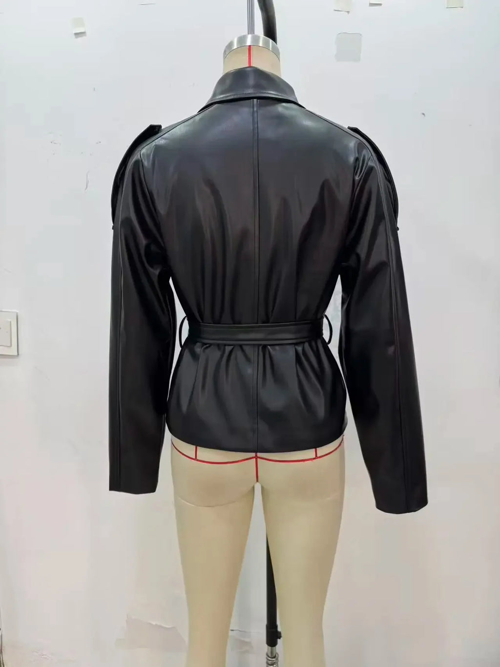 HH Women Autumn New Fashion Versatile Imitation Leather Short Windbreaker Coat Female Streetwear Slim Lapel Bow Belt Jacket
