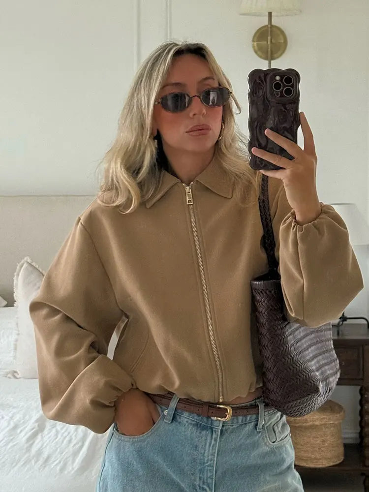 HH 2025 Autumn Street Fashion Solid Bomber Jackets Simple Lapel Zipper Fly Long Puff Sleeves With Pockets Women's Casual Coats