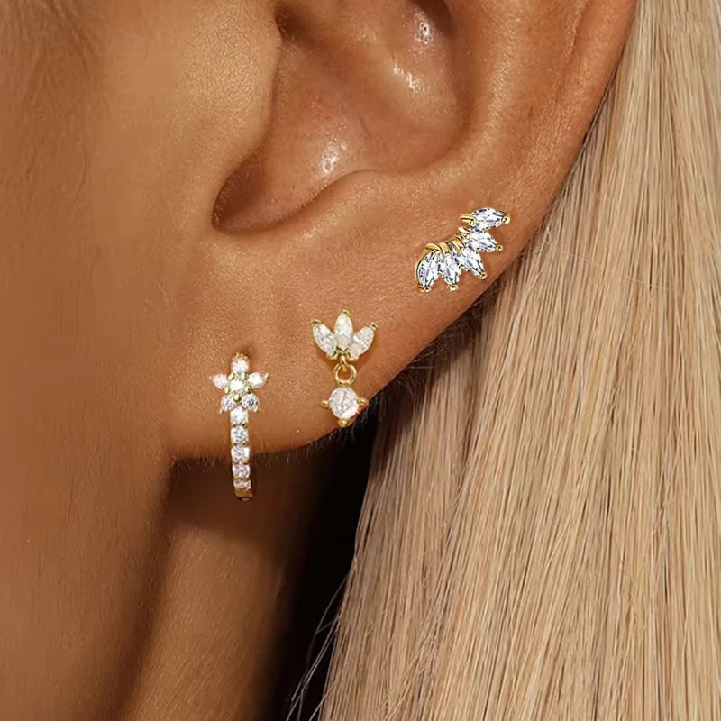 3PCS Flower Huggie Earring Set For Women Tragus Piercing Jewelry Lot Leaf Crystal Cartilage Hoop Earrings Helix Lobe Earing Bulk