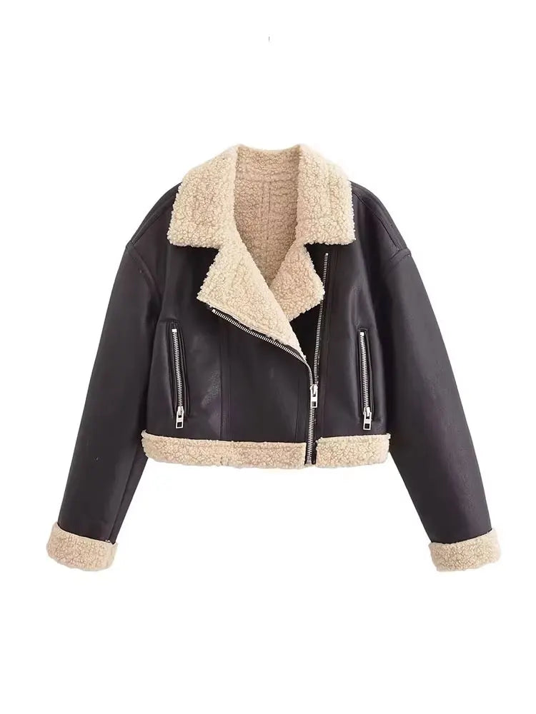 HH Female 2025 Autumn Street Fashion Leather Jacket Causal Lapel Long Sleeves With Pockets Zippers Fly Vintage Coats