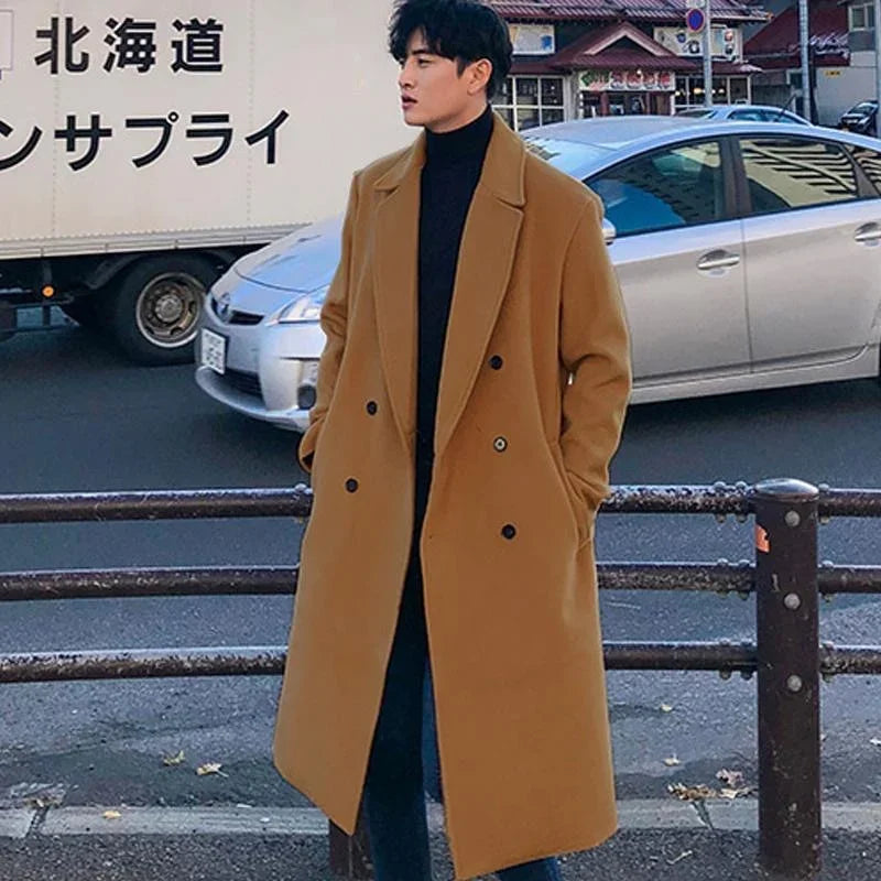 2024 Spring Medium Length Coat Men Fashion Woolen Trench Coats Korean Loose Casual Double Breasted Jackets