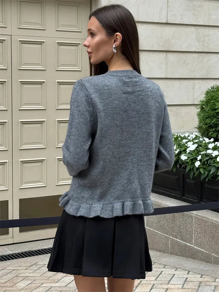 Tossy Ruffled Knit Cardigan Coat For Women Ribbed Long Sleeve Fashion Patchwork Elegant Sweater Outwear Female Knitwear Cardigan