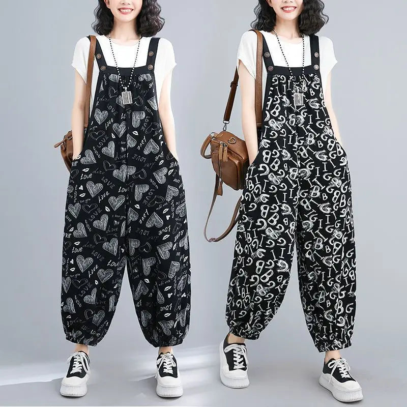 Women's Clothing Spring Autumn Summer Geometric Letter Printing Pockets Button High Waisted Loose Jumpsuits Vintage Pants