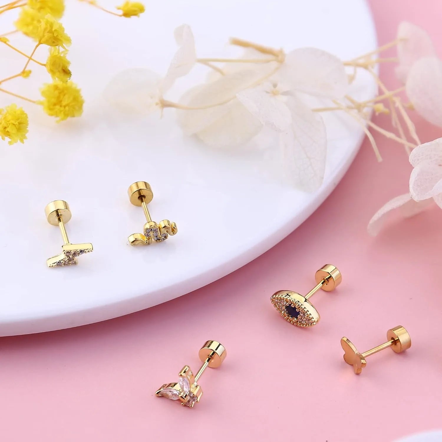Drperfect 24Pcs Flat Back Earrings for Women Men Stainless Steel Earrings 20G Tiny Ball CZ Earrings Set for Multiple Piercing