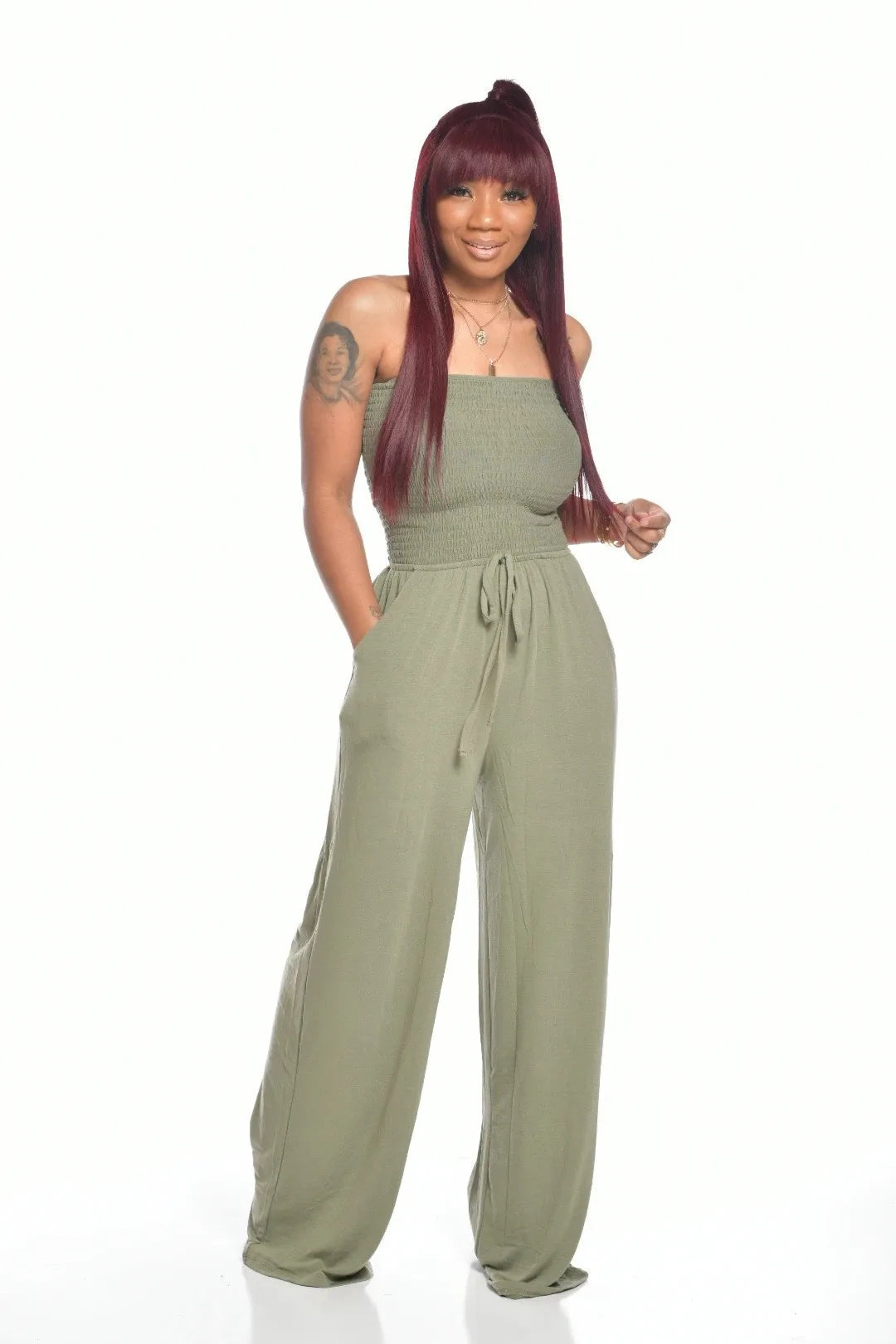 2025 Women Loose Wide Leg Pants Summer Female Drawstring Pocket Full Beachwear Trousers  Bodysuit Sexy Wrapped Chest Clothing