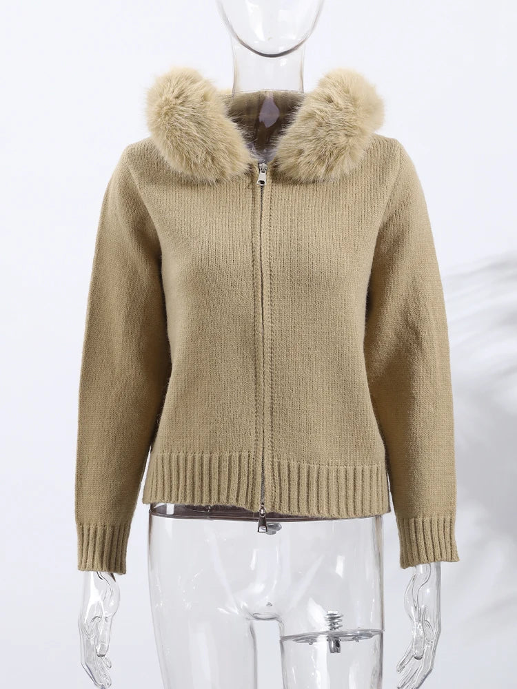 2025 Autumn Winter Women's Knitted Fur Hooded Cardigan Double Zipper Full Sleeve Sweater Fashion Warm Solid All-match Knitwear