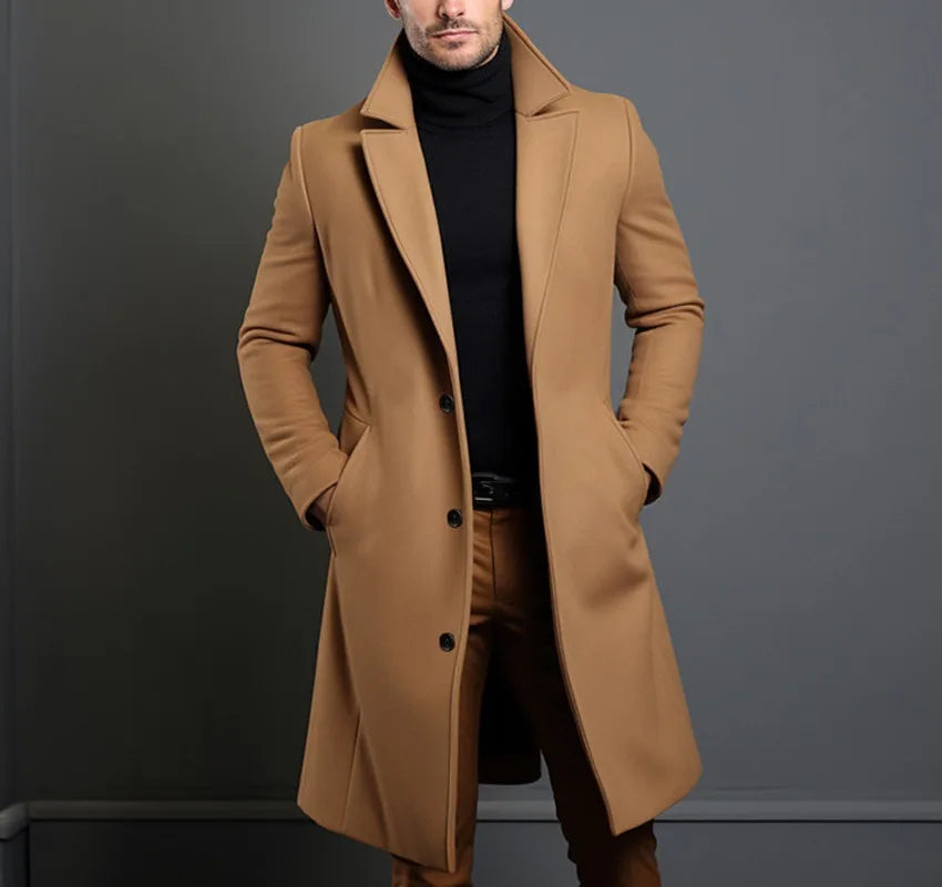 Winter Woolen Coat Men Jacket Elegant Medium and Long Woolen Jacket with Lapel Pockets Slim Solid Color Suit Collar Trench Coat