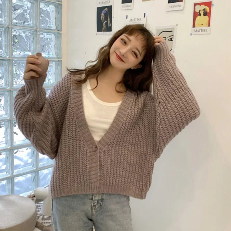 Women's Short Sweater Cardigan Sweet Cute College Style Single Button Knitted Cardigans Autumn Winter Thicken V-Neck Knitweat