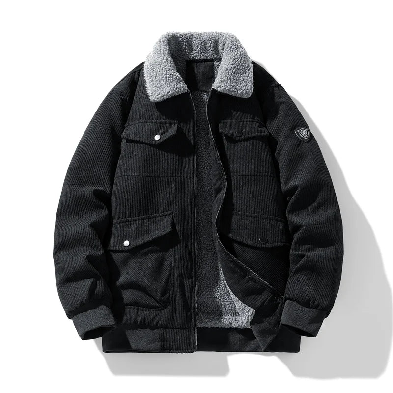 2025 Winter Collar Corduroy Jacket for Men, Casual, Comfortable, Loose, High Quality, Simple, Versatile,and Plush Jacket for Men