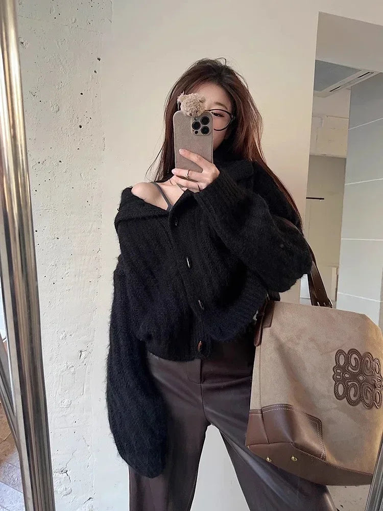Vintage Horn Buckle Turtleneck Sweater Cardigan Jacket Winter Women's Elegant Loose Thickened Knitted Top