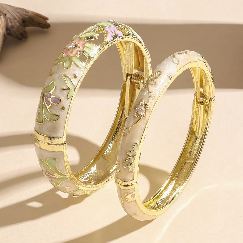 FTCY 2 PCS Enameled Bracelets For Women Vintage Hollowed Small Flower Cloisonne Women's Bangles Party Jewelry Gifts