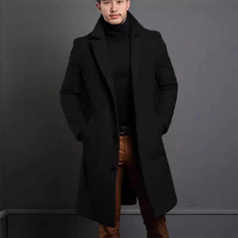 Woolen Coat Men's Long Solid Color Autumn Winter Woolen Coat Warm Youth Coat Trench Cardigan