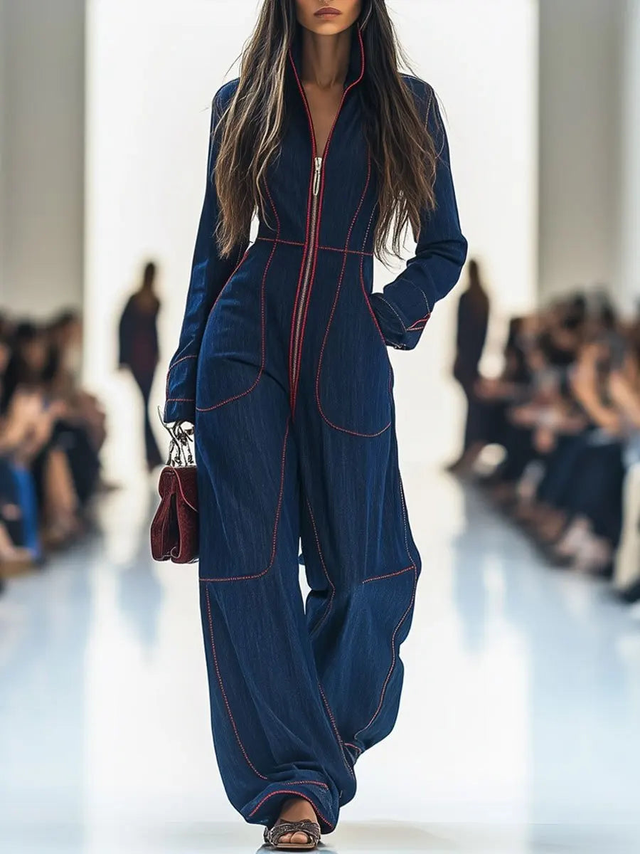 New Fashion Casual Autumn/Winter Long Sleeve V-neck Pockets Solid Color Zipper Wide Leg Jumpsuits