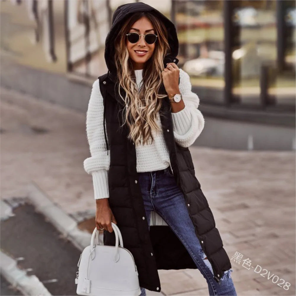 Casual Vest Hooded Single Breasted Mid-length Cotton Padded Jacket Winter Fashion Button Zipper Fitted Cardigan Female Vest Coat