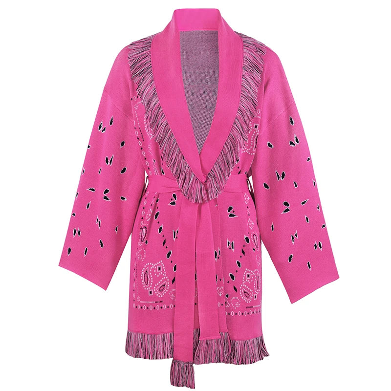 Tassel Patchwork Printed Cardigan Women Geometric Patterns Belts V-neck Long Sleeve Knitted Street Lady Sweater 2025 Autumn Coat