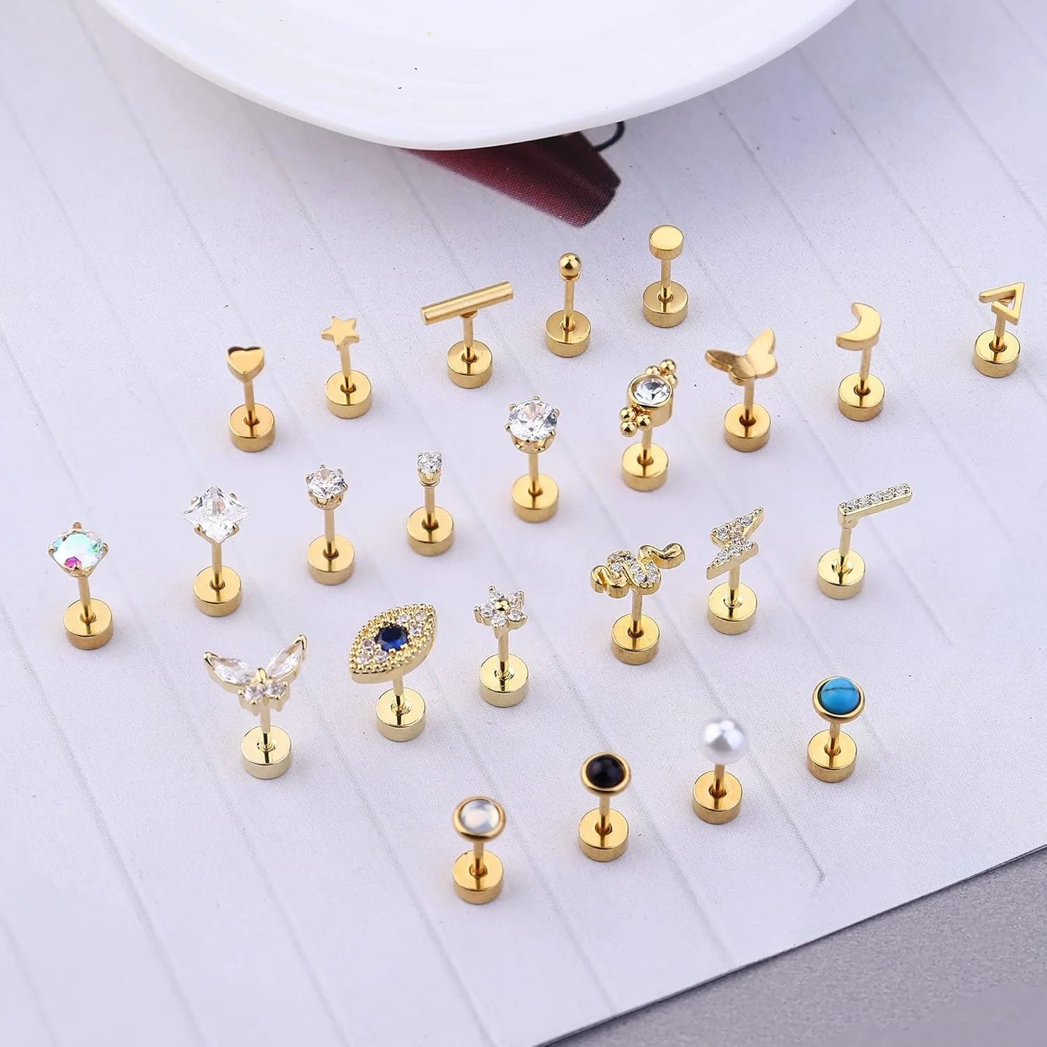 Drperfect 24Pcs Flat Back Earrings for Women Men Stainless Steel Earrings 20G Tiny Ball CZ Earrings Set for Multiple Piercing