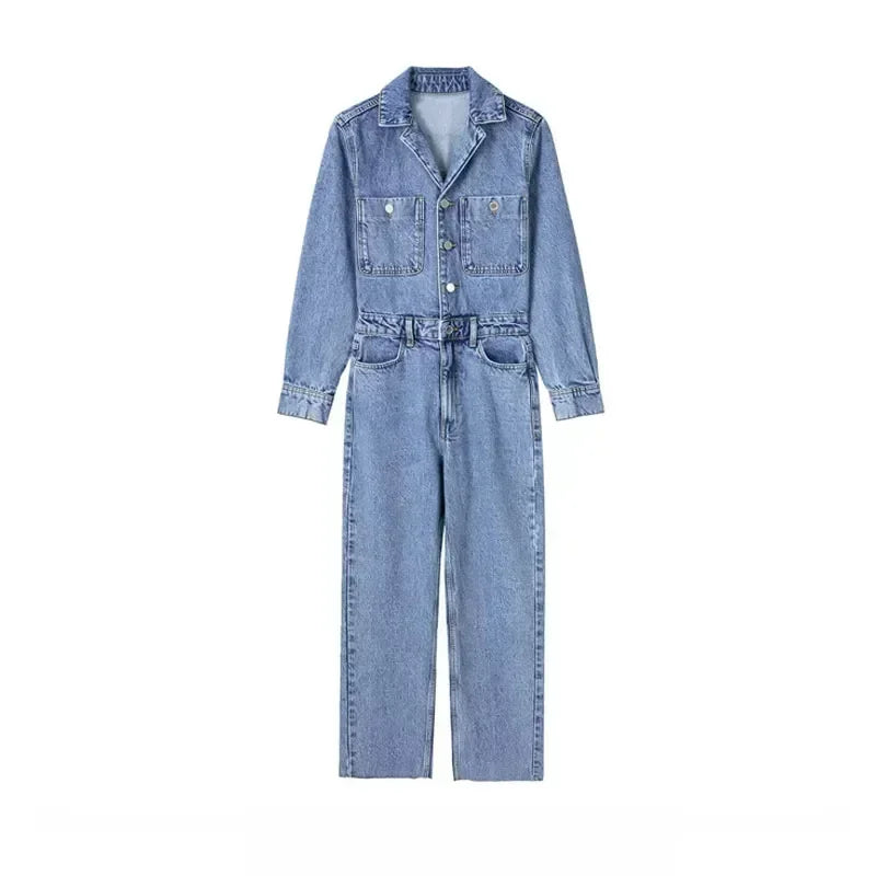 Autumn Denim Jumpsuit for Women Overalls Woman Jean Overalls Long Sleeve Elegant Jumpsuits Y2k Streetwear  Turn Down Collar