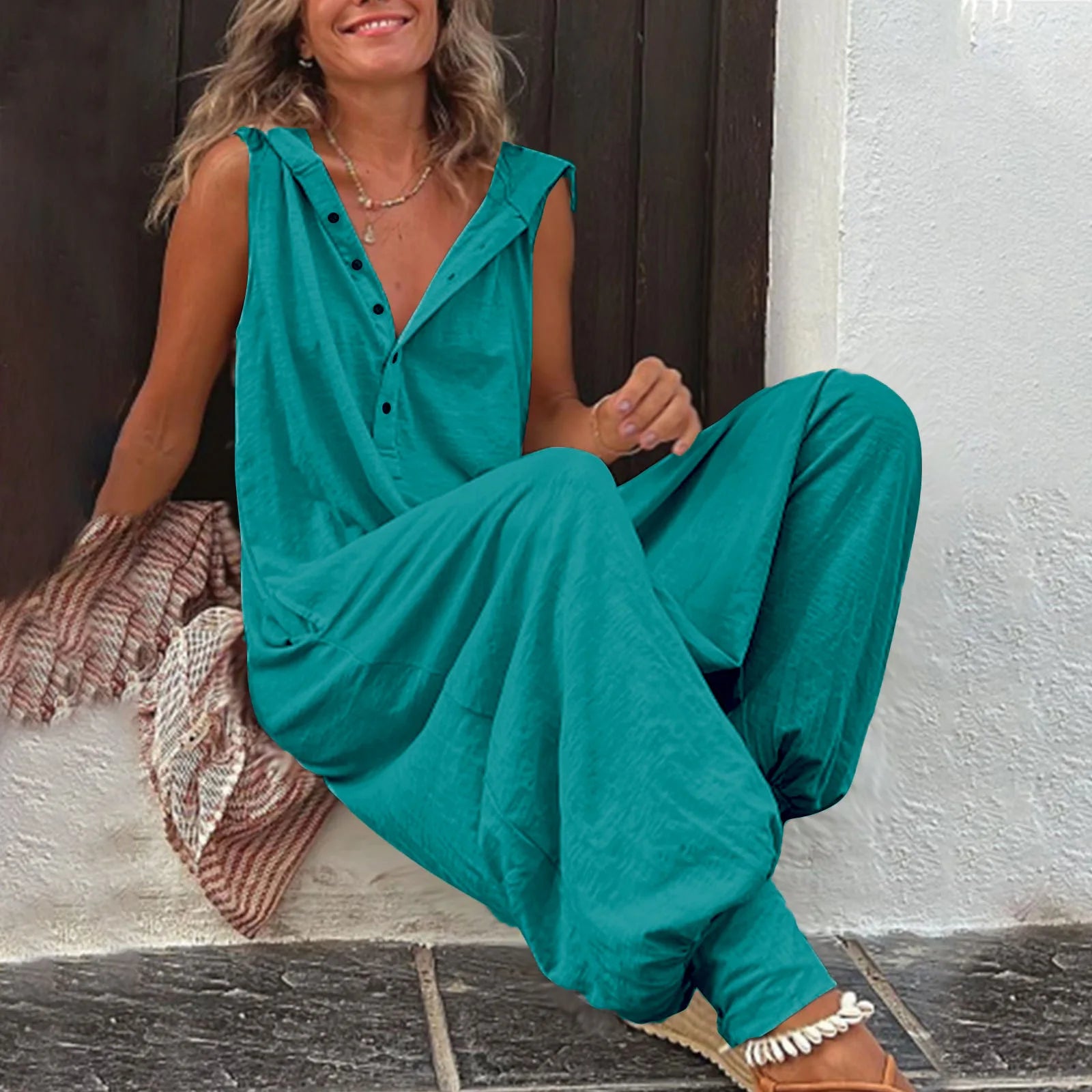 Fashionable Sleeveless Hooded Collar Jumpsuit Women Spring Summer Button Pocket Loose Casual Baggy Pants Jumpsuits Female