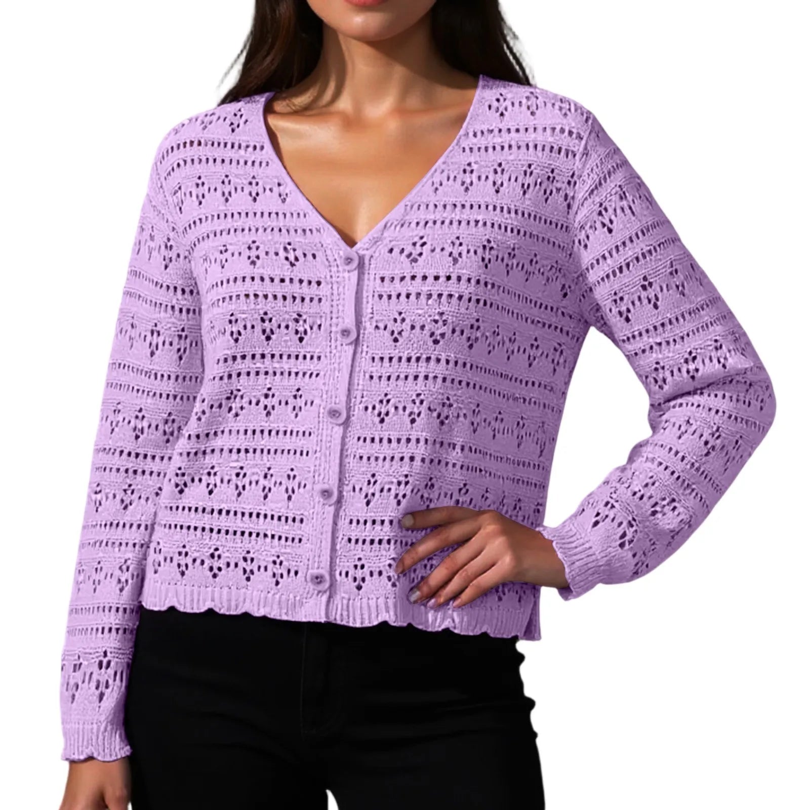 Women Fashion V-neck Knitted Cardigan Spring Autumn Versatile Solid Color Hollow Out Top Ladies Loose Long Sleeved Cardigan Tops