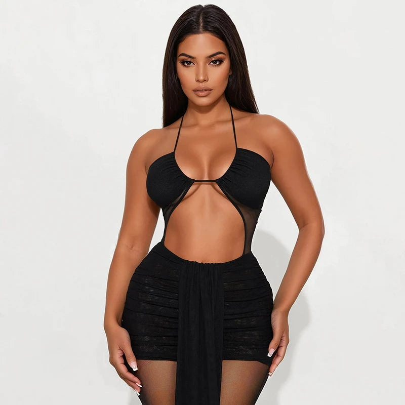 exy Halter Jumpsuit Women See Through Backless Ruched Ribbon Hollow Hipster Skinny Summer Clubwear Midnight Overalls