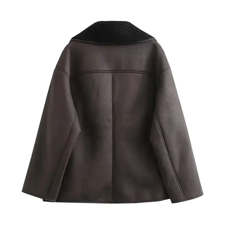 HXAO Woman Thick Faux Leather Jackets for Women Coat Autumn Winter Warm Wool Blends Coats Demi-season Plush Jacket Outerwear