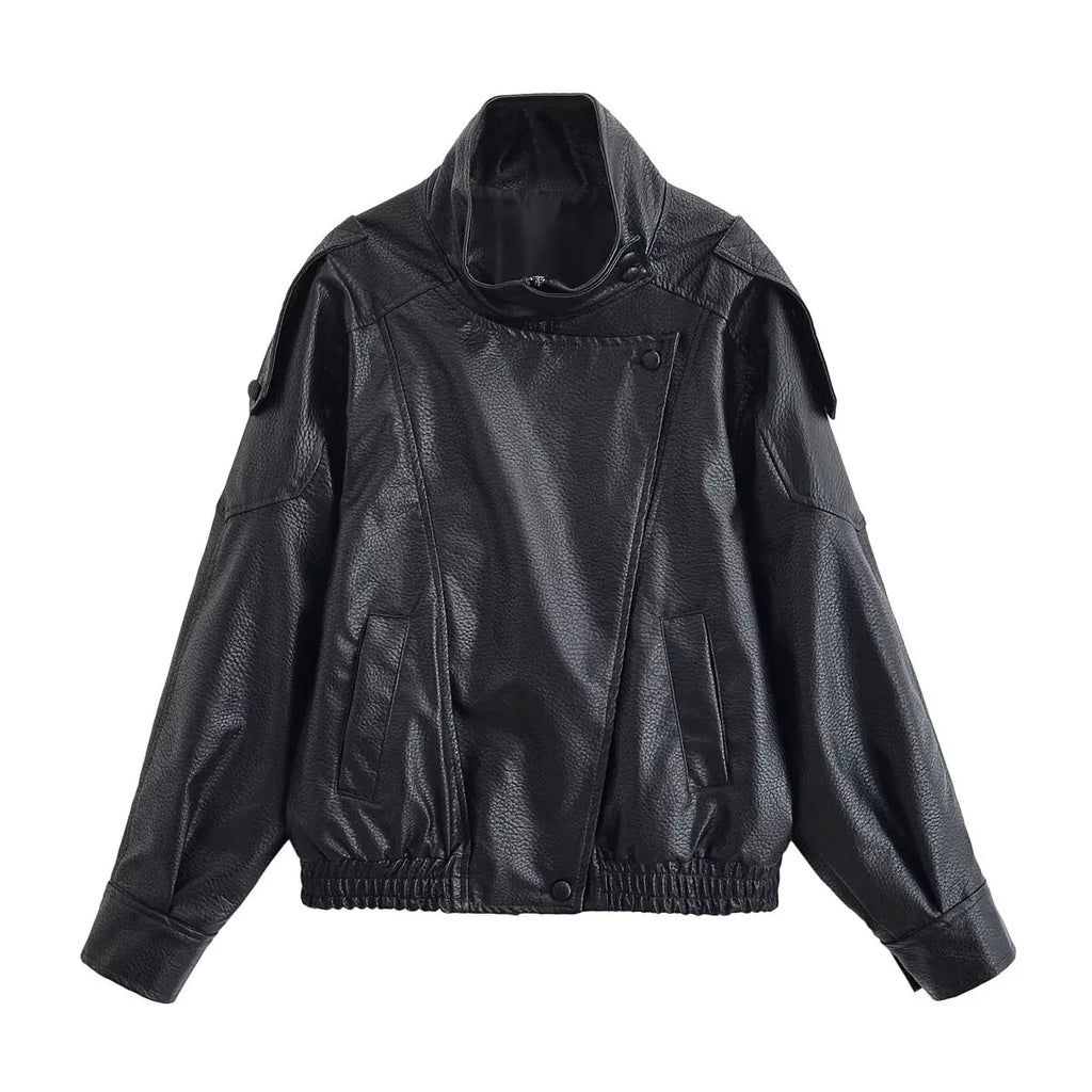 KONDALA Leather Zipper Jacket Women's Fall Winter Standing Collar Faux PU Jacket Coat 2025 Fashion High Street Ladies Y2K Jacket