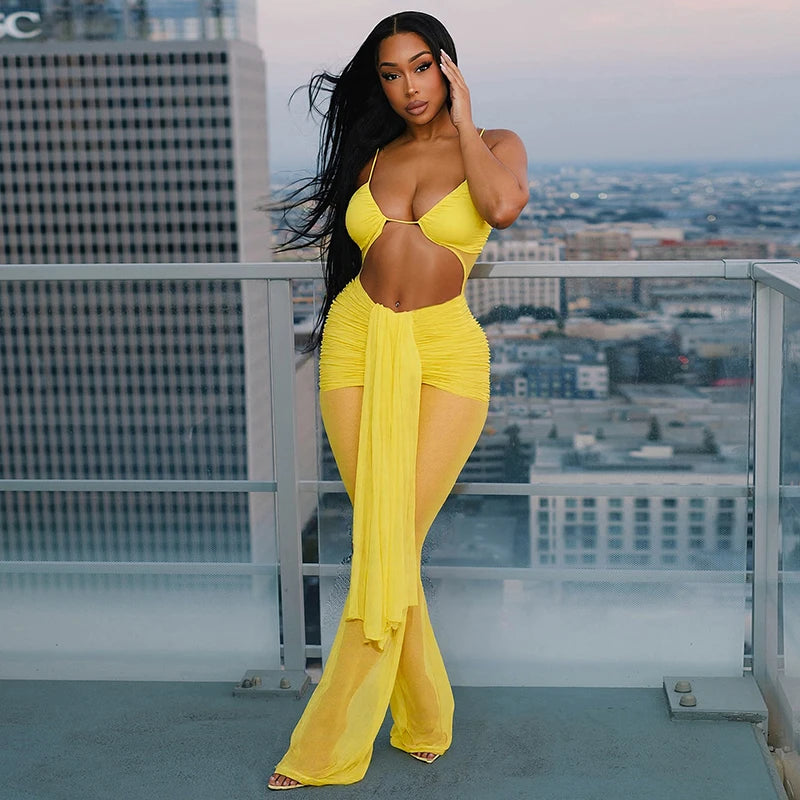 exy Halter Jumpsuit Women See Through Backless Ruched Ribbon Hollow Hipster Skinny Summer Clubwear Midnight Overalls