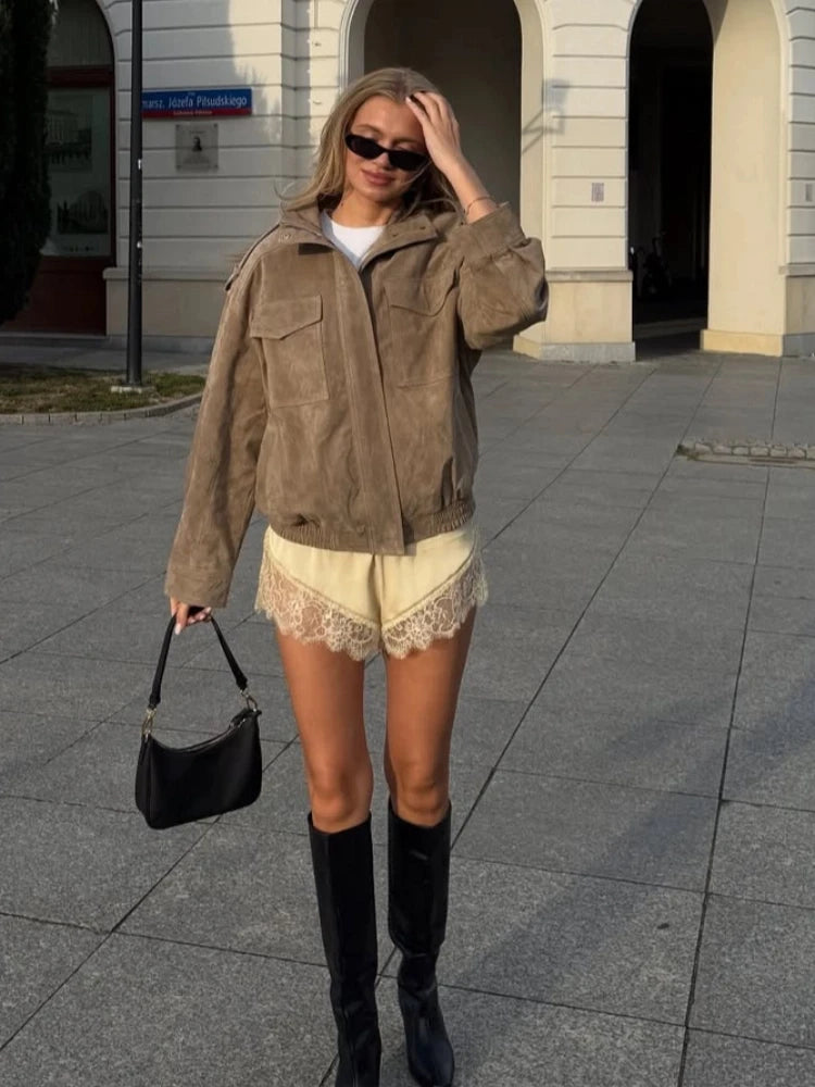 Fashion Short Women Suede Jacket Chic Stand Collar Zipper Pocket Loose Coats Casual Ladies Autumn New Daily Highstreet Outerwear