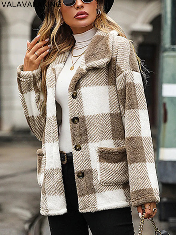 2025 Autumn Winter Long Sleeve Thick Jacket For Women Plush Warm Button Casual Coat Lady Elegant Loose Plaid Coat Female Clothes