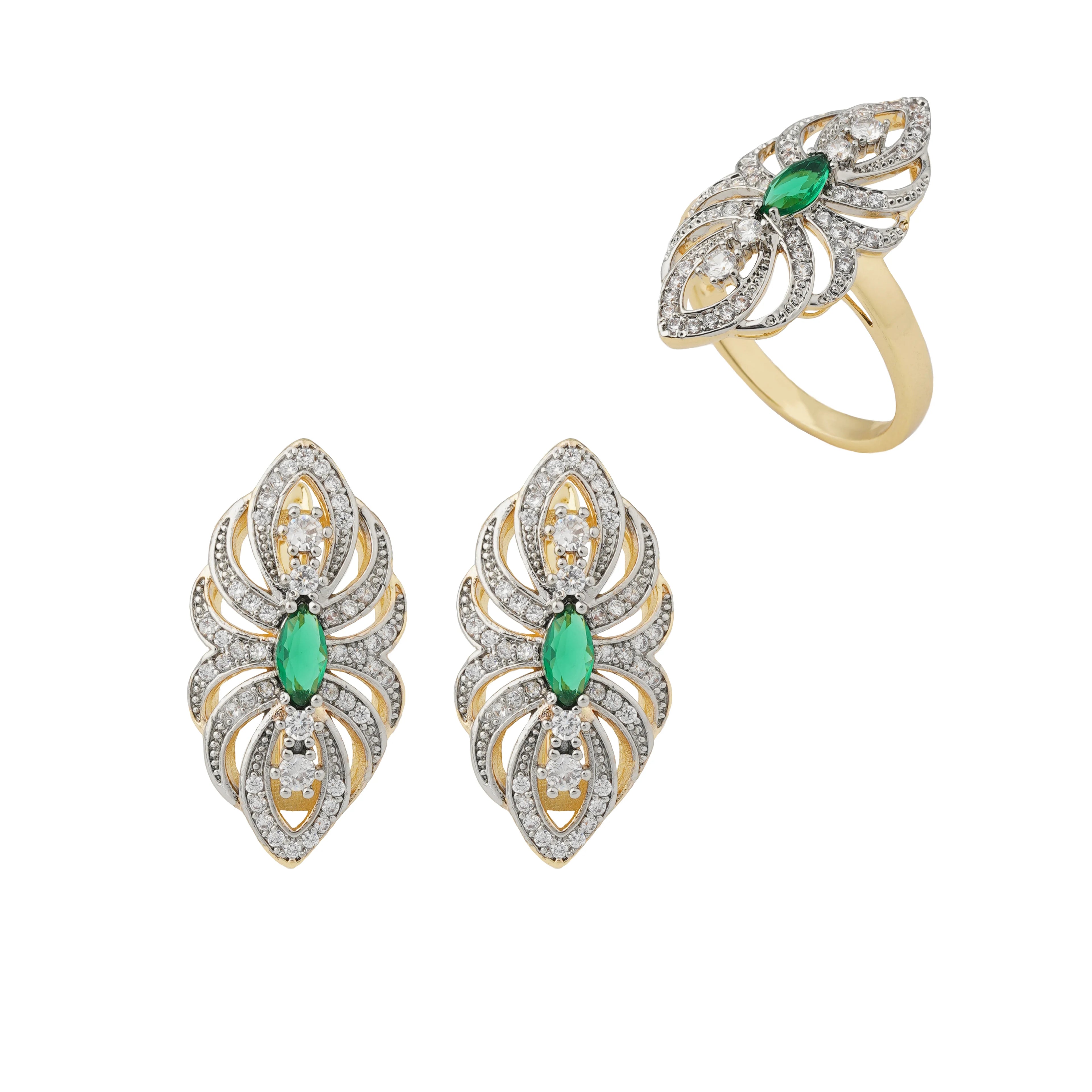 LUYIN Well-Chose Bohemian Style Shiny Inlaid Earrings Ring Set Copper Plated 14K Gold 2 Color For Women's Wedding Decoration