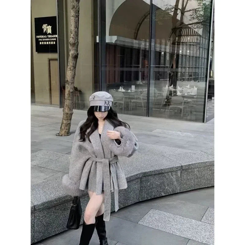 Grey Tie Waist Collection Woolen Coat Women's Autumn and Winter 2024 New Long Sleeved Loose High-end Cape Coat Medium Length Top