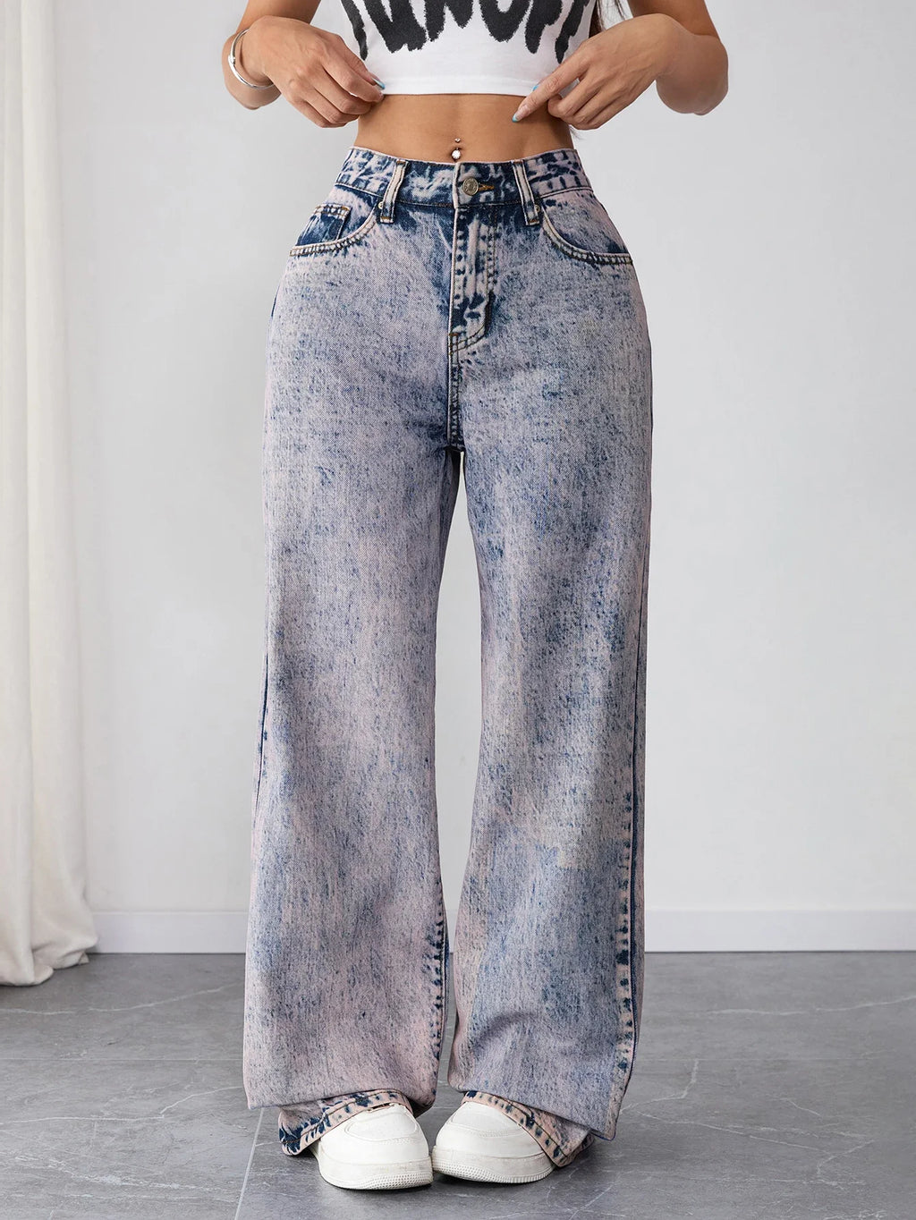 High Waist Vintage Acid Wash Denim Pants for Women Loose Fit Wide Leg Jeans Street Style Retro Y2K Clothing