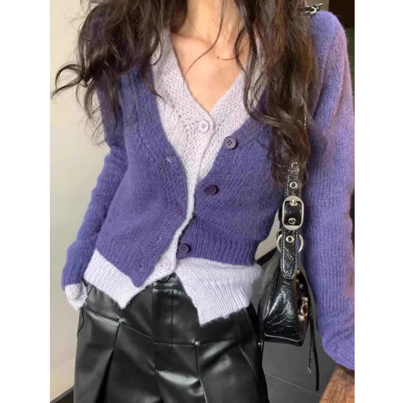 Elegant Button Sweater Fashion Long Sleeve False Two-piece Knitted Top Korean Style Autumn V-neck Cardigan Casual Knitwear