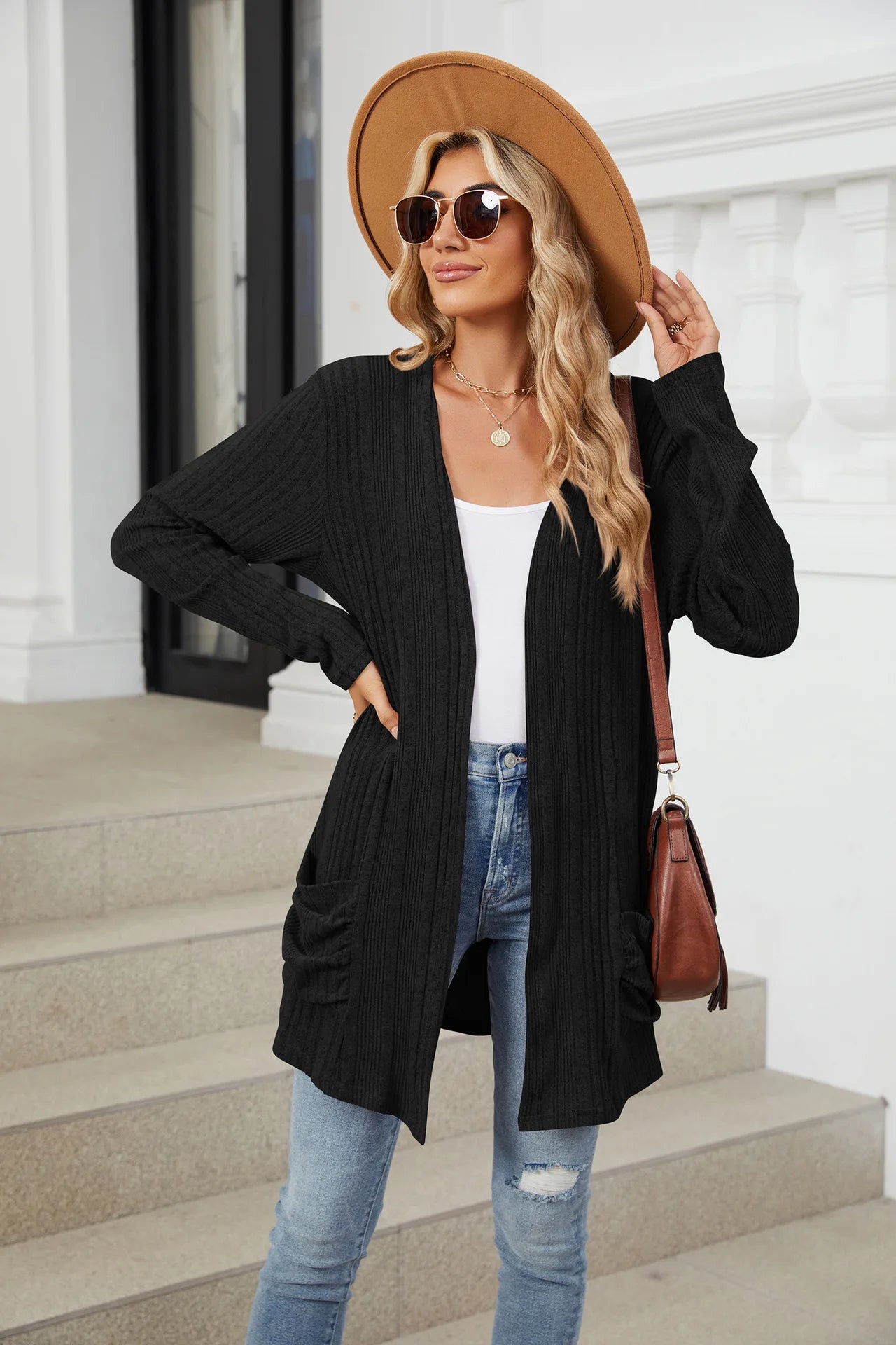 Autumn Winter New Solid Color Pit Stripe Brushed Pocket Cardigan Best Selle Long Sleeved Jacket for Woman Clothes