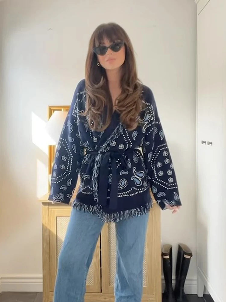 Women Print Knitted Cardigan Casual Chic V-neck Long Sleeve  Single-breasted Return Loose Sweater 2025 Lady Autumn Street Coats