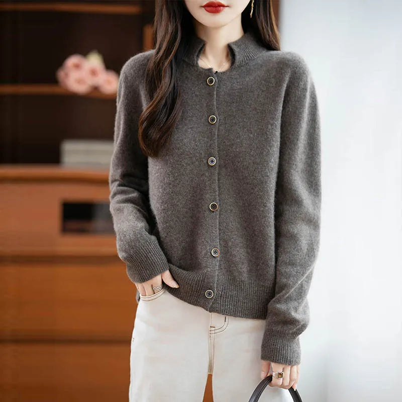 New Autumn And Winter 100% Merino Wool Women's H-neck Cardigan, 2025 Women's Clothing Knitted Korean Style Top YYY-2554