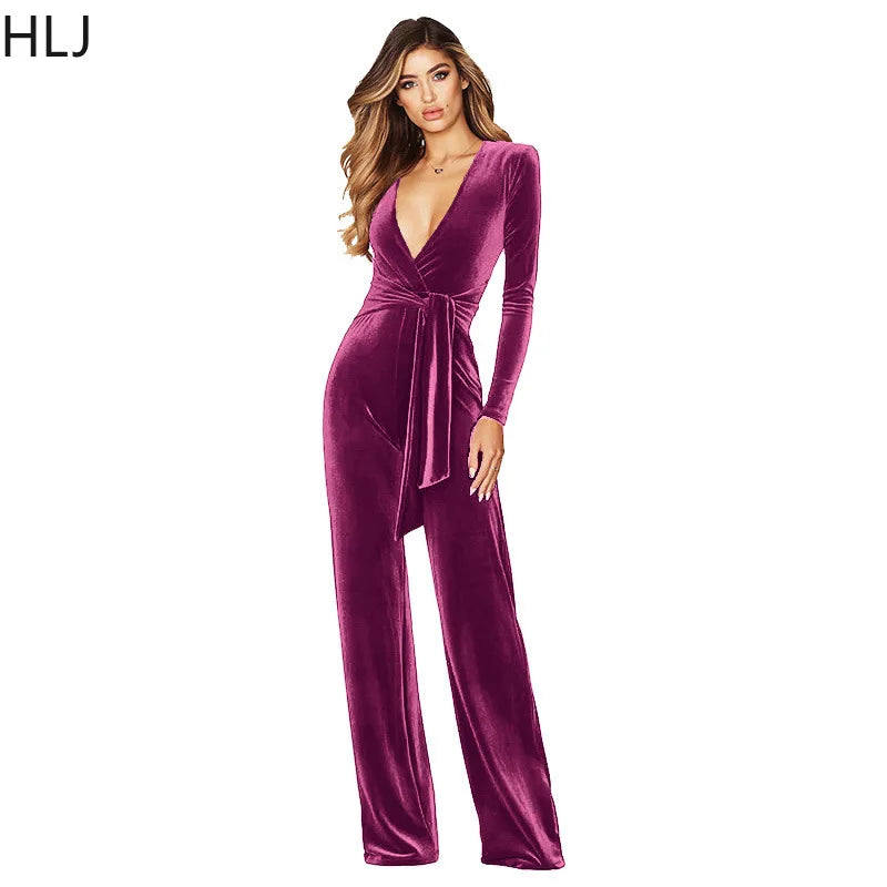 HLJ Elegant Women Velvet Jumpsuits Sexy Deep V Neck One Piece Outfit  Sashes Belted Wide Legs Long Pants Jumpsuit Party Clubwear