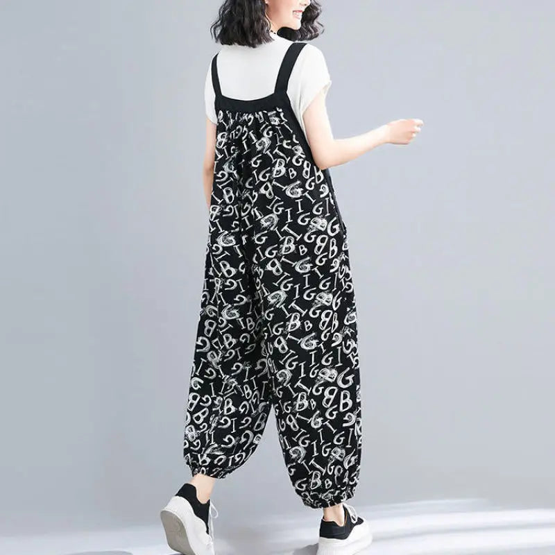 Women's Clothing Spring Autumn Summer Geometric Letter Printing Pockets Button High Waisted Loose Jumpsuits Vintage Pants
