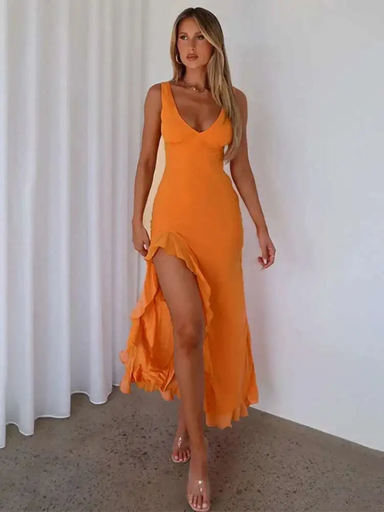 Avrilyaan Ruffle High Split Sexy Dress Women 2024 Robes Elegant Evening Summer Dress Backless Party Long Midi Dress Vestidos