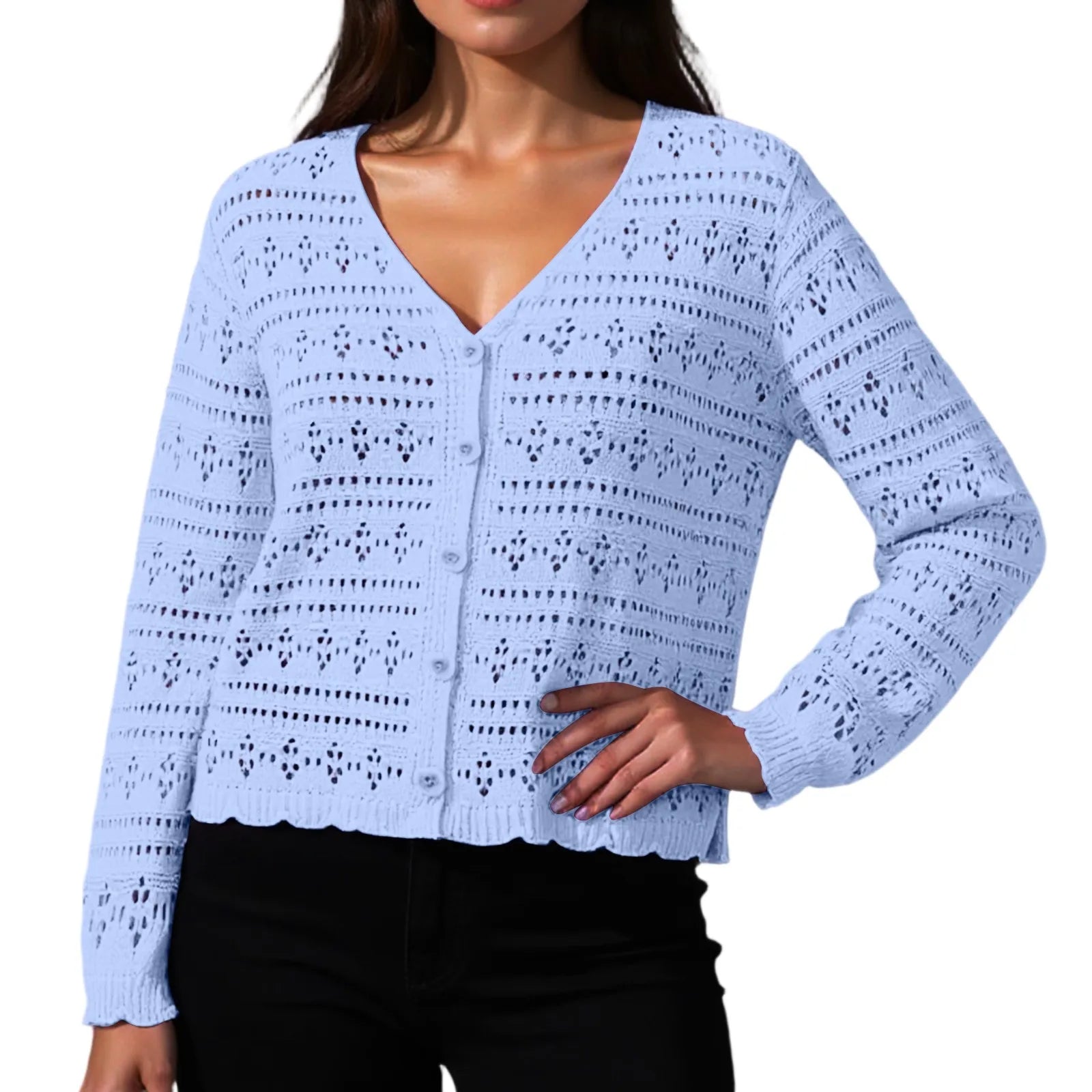 Women Fashion V-neck Knitted Cardigan Spring Autumn Versatile Solid Color Hollow Out Top Ladies Loose Long Sleeved Cardigan Tops
