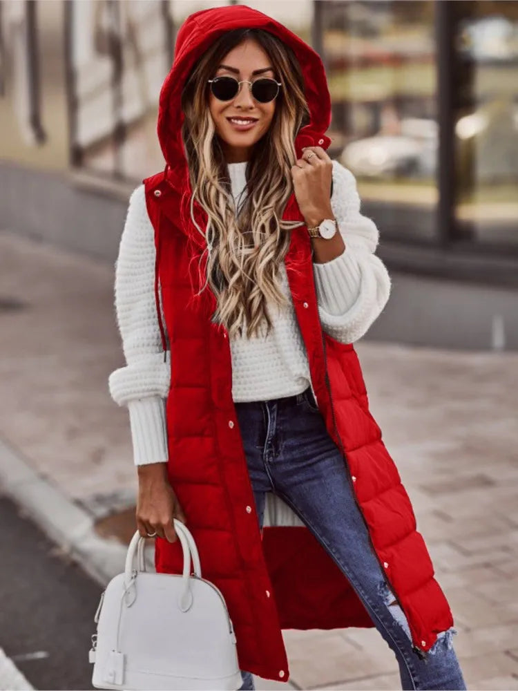 Casual Vest Hooded Single Breasted Mid-length Cotton Padded Jacket Winter Fashion Button Zipper Fitted Cardigan Female Vest Coat