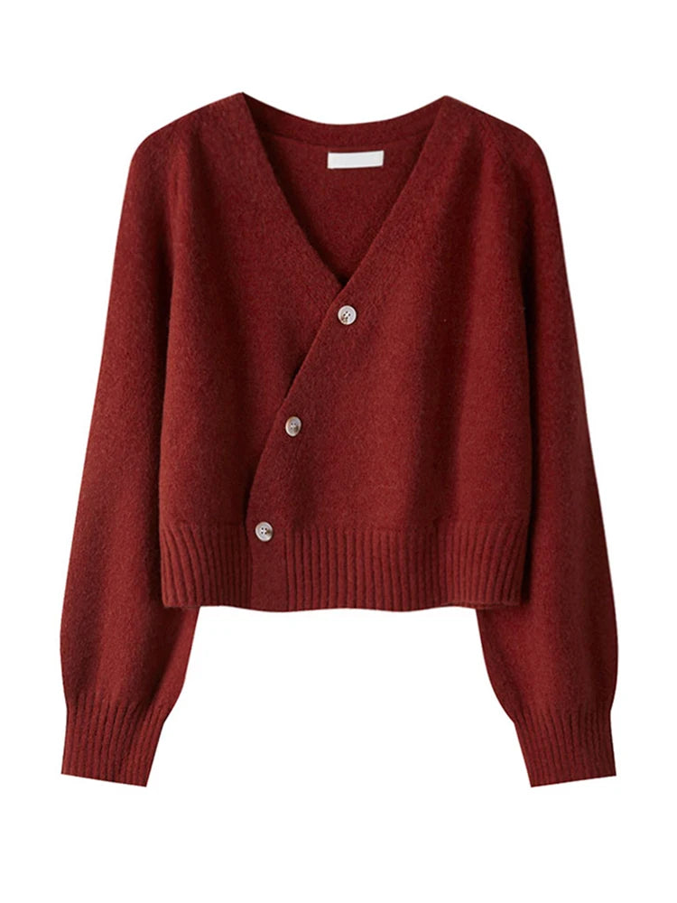 2025 Autumn Winter Skew Button Cardigan V-neck Sweater Women Knitted Long Sleeve Tops Korean Loose Solid Cashmere Woman Sweater