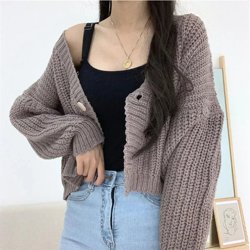 Women's Short Sweater Cardigan Sweet Cute College Style Single Button Knitted Cardigans Autumn Winter Thicken V-Neck Knitweat