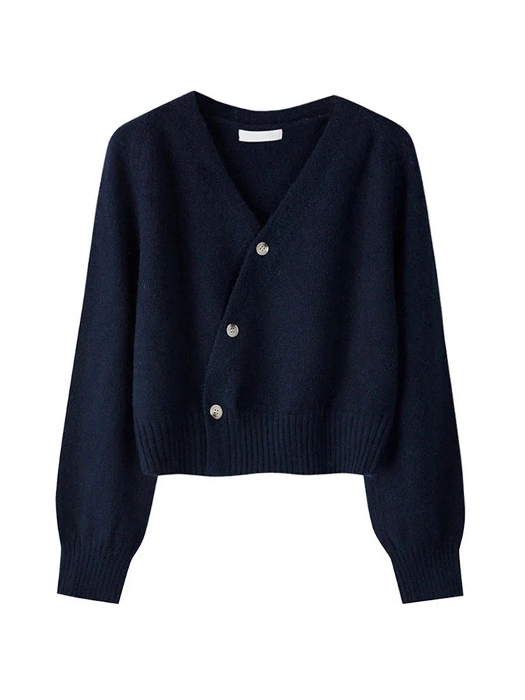 2025 Autumn Winter Skew Button Cardigan V-neck Sweater Women Knitted Long Sleeve Tops Korean Loose Solid Cashmere Woman Sweater